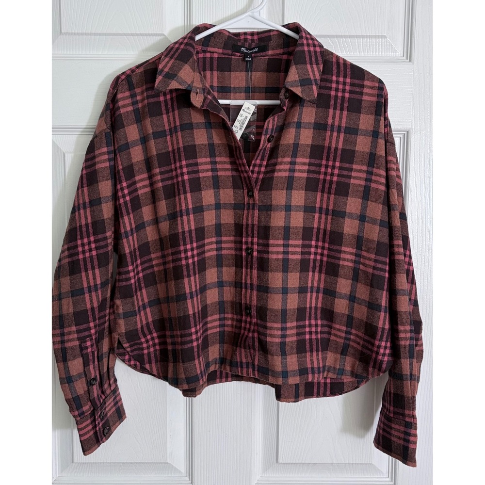 Madewell Flannel Long-Sleeve Crop Shirt Small Clove Plaid NI029